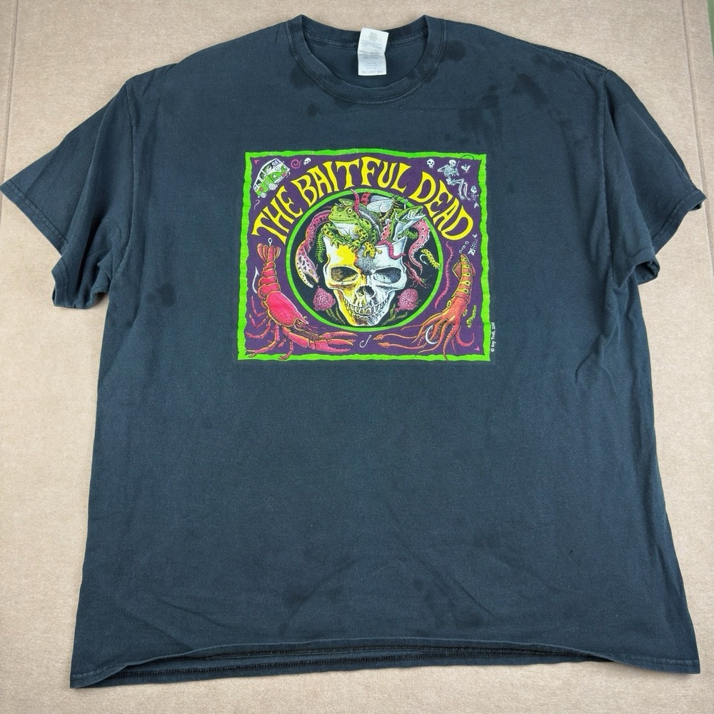 The Baitful Dead Ray Troll 2008 Men's 2XL Black Graphic Skull Fish Shirt Y2K